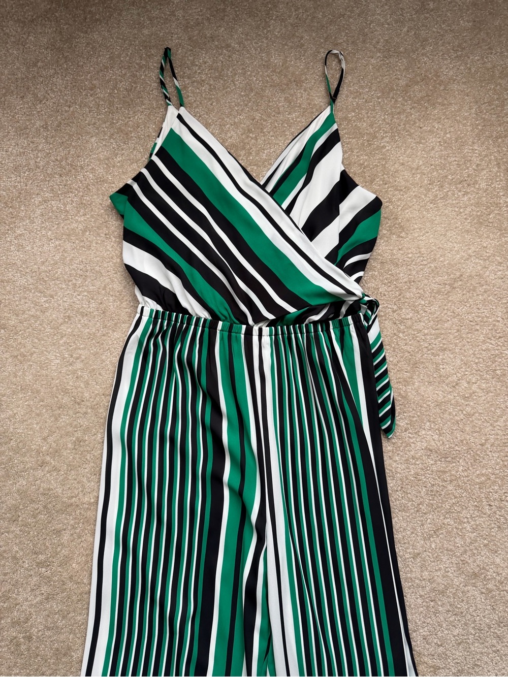 Express Green, Black & White One-Shoulder Striped Jumpsuit